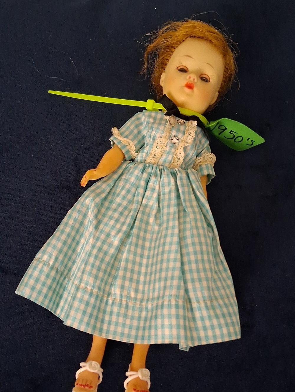 Vintage-Style Kids Doll in Light Blue Gingham Dress